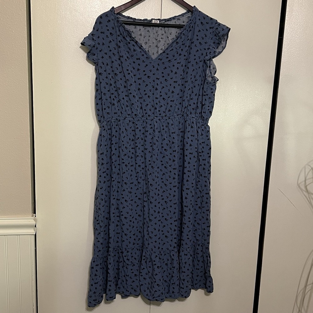 GAP XXL Blue Floral V-Neck Flutter Short Sleeve Fit & Flare Pullover Dress